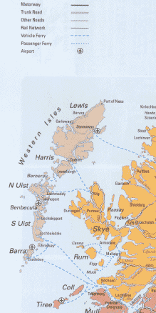 Map of the Hebridies showing travel options